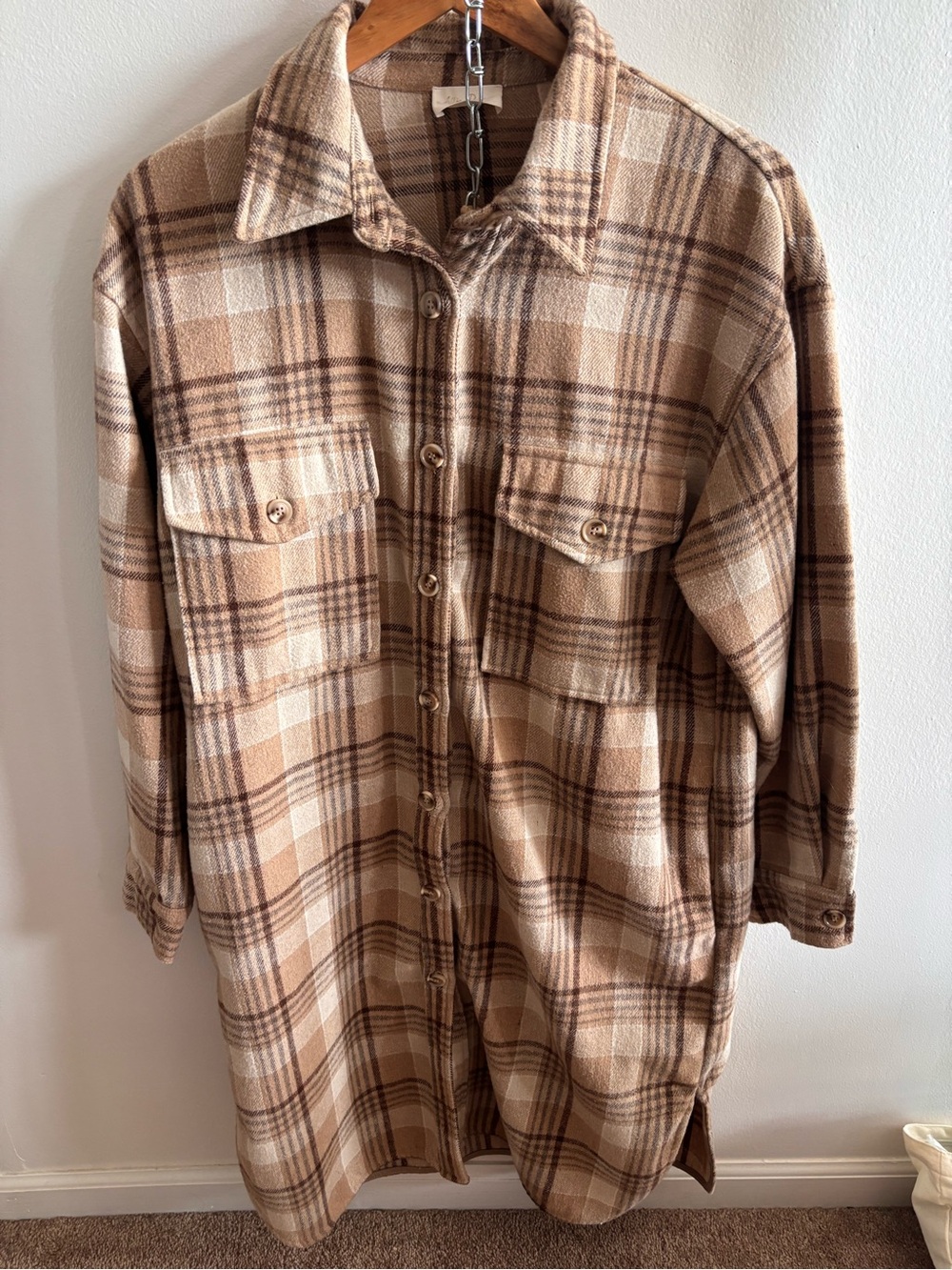 Beige Plaid Longline Utility Jacket